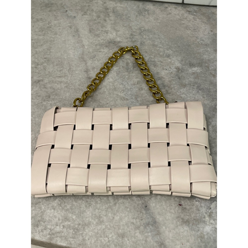 Woven Clutch Bag Women Small Cream Gold Chain Link Intrecciato Style